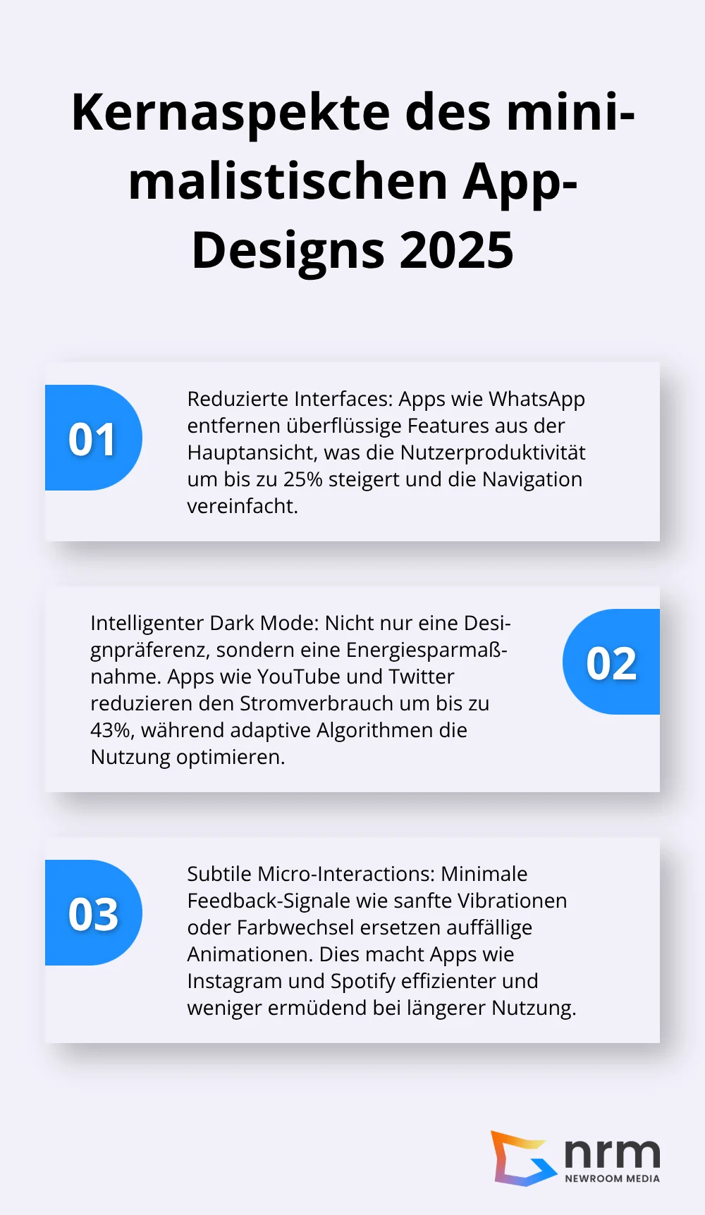 Liste der drei Hauptmerkmale des minimalistischen App-Designs: reduzierte Interfaces, intelligenter Dark Mode und subtile Micro-Interactions. - App Design