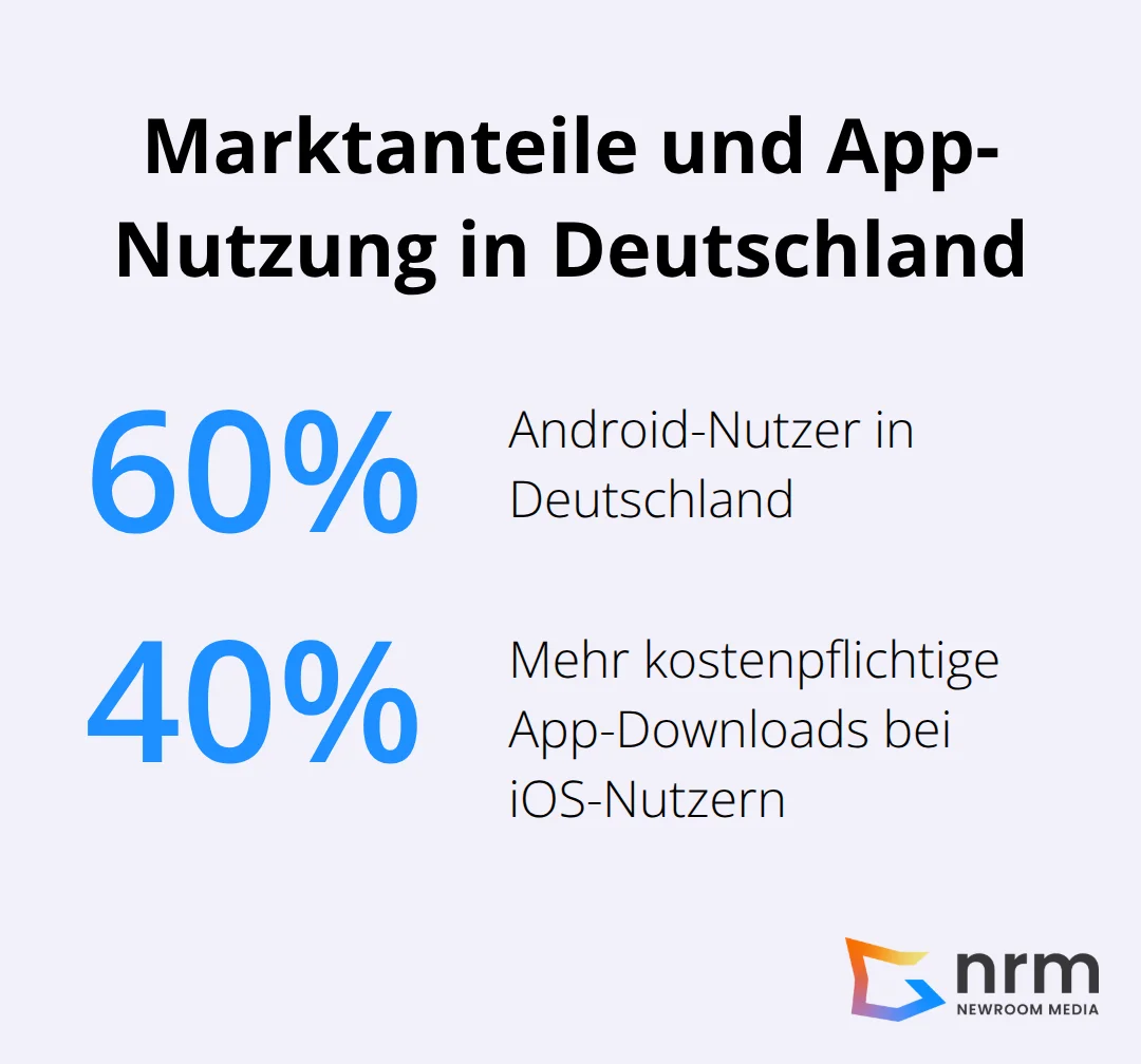 Infografik zeigt Android-Marktanteil von 60% in Deutschland und 40% höhere Nutzung kostenpflichtiger Apps bei iOS-Nutzern - App Entwicklung