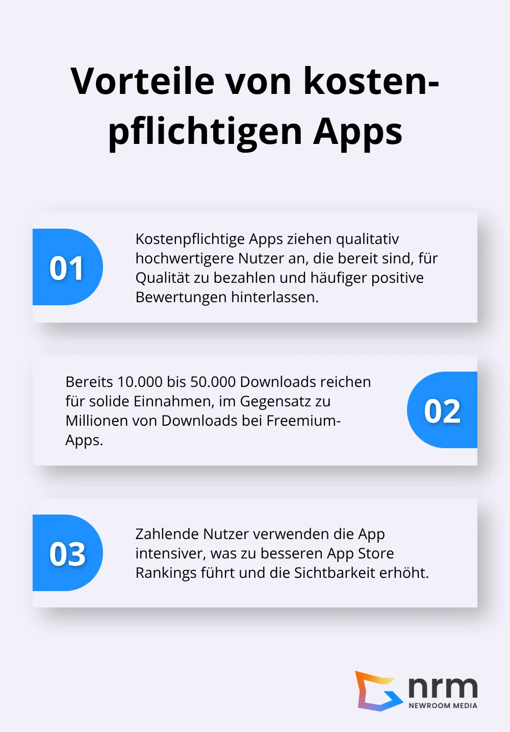 Auflistung von drei Hauptvorteilen kostenpflichtiger Apps: Qualität der Nutzer, effiziente Monetarisierung und bessere App Store Rankings - App Monetarisierung