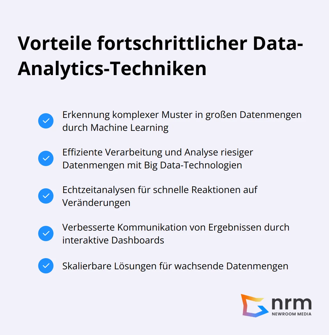 Eine Liste mit Häkchen, die die Vorteile fortschrittlicher Data-Analytics-Techniken aufzeigt, einschließlich Mustererkennung, Echtzeitanalyse und verbesserte Datenvisualisierung.