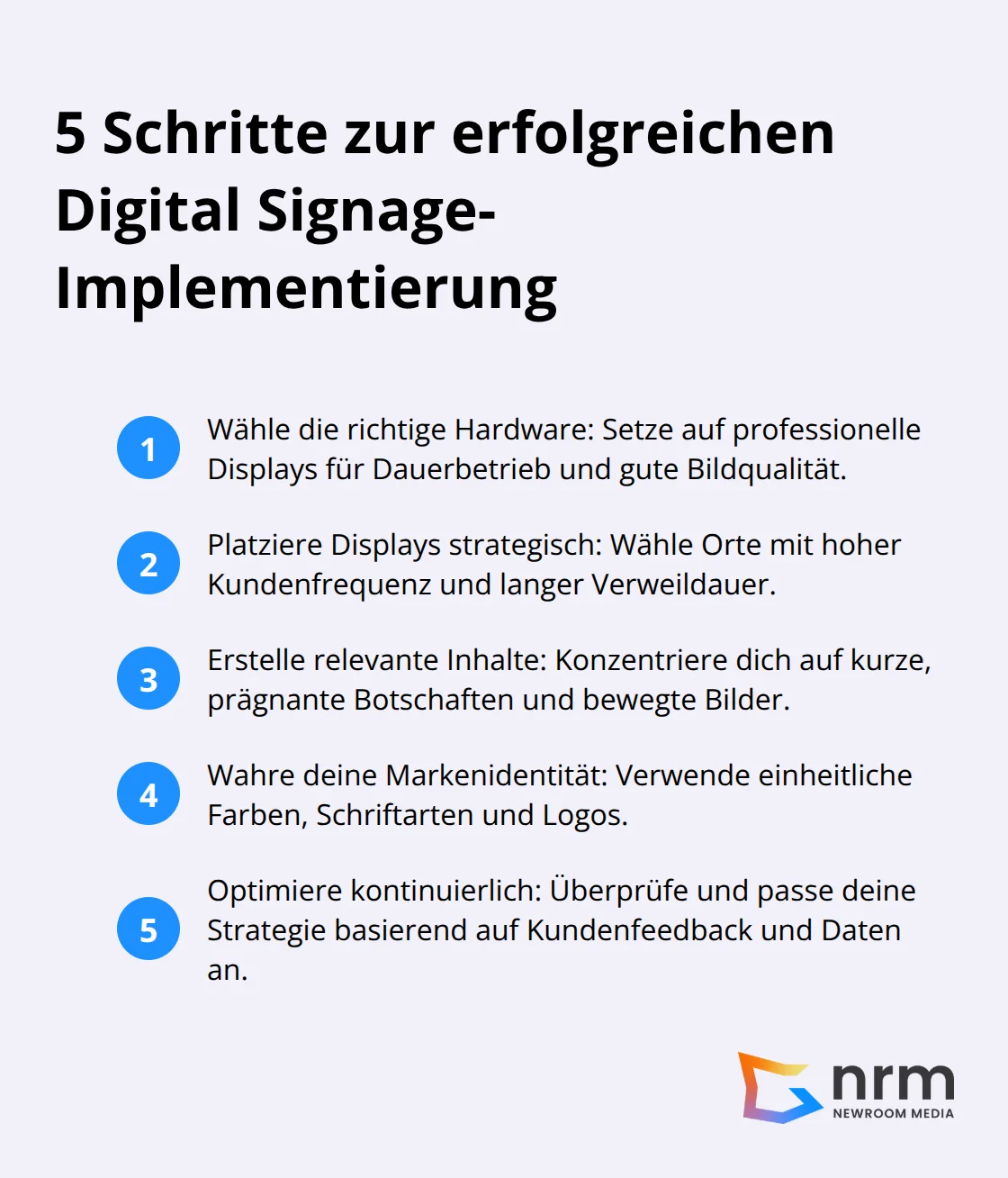 Eine kompakte geordnete Liste mit 5 Schritten zur erfolgreichen Implementierung von Digital Signage: Hardware wählen, Displays platzieren, Inhalte erstellen, Markenidentität wahren und kontinuierlich optimieren. - digital signage für einzelhandel