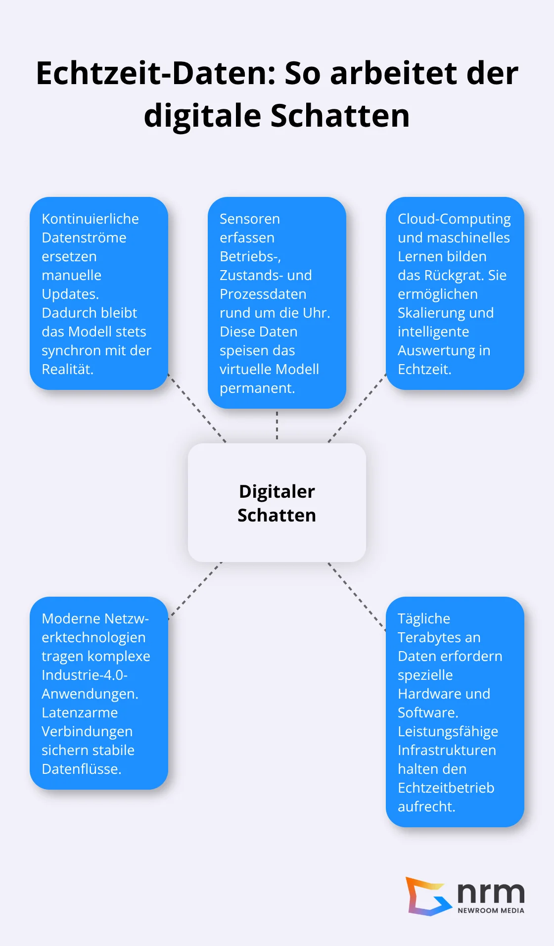 Zentrale Elemente des digitalen Schattens: Datenströme, Sensorik, Cloud/ML, Netzwerke und Rechenleistung