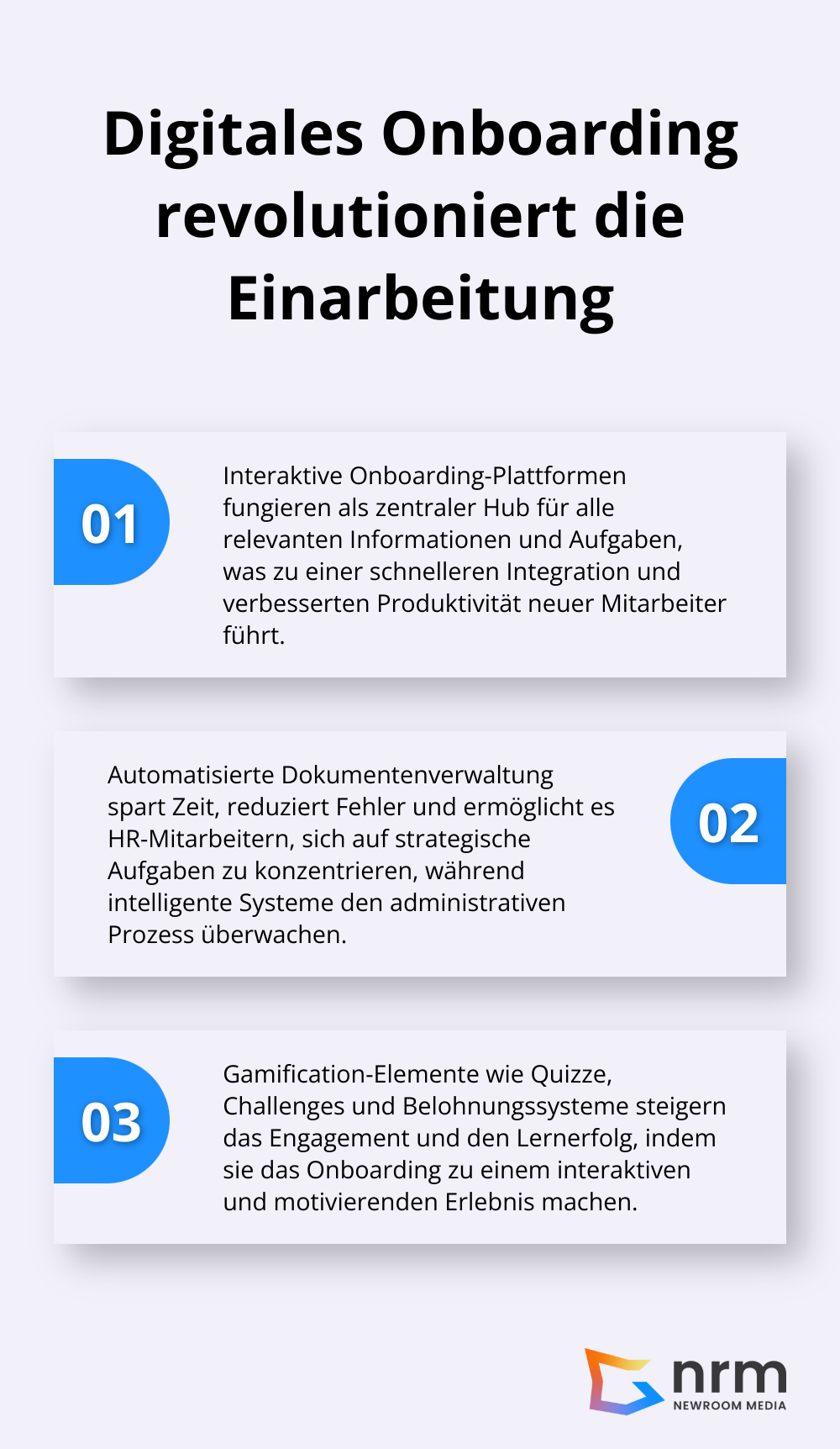 Eine geordnete Liste, die die drei Hauptbereiche zeigt, in denen digitales Onboarding die Einarbeitung neuer Mitarbeiter revolutioniert: Interaktive Onboarding-Plattformen, Automatisierte Dokumentenverwaltung und Gamification. - digitalisierung human resources
