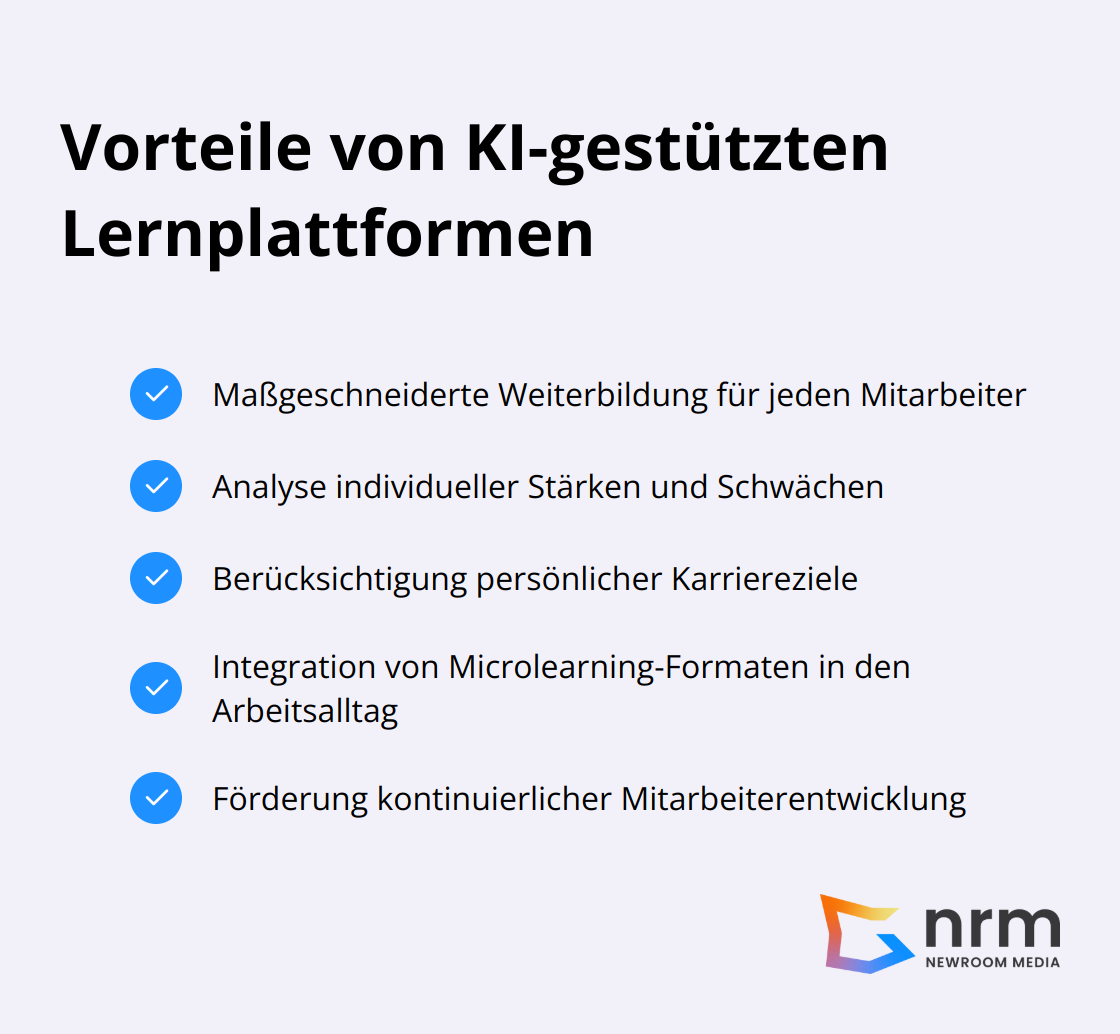 Eine Checkliste, die die Vorteile von KI-gestützten Plattformen für personalisierte Lernpfade aufzeigt: Maßgeschneiderte Weiterbildung, Analyse individueller Stärken und Schwächen, Berücksichtigung von Karrierezielen, Integration von Microlearning-Formaten und kontinuierliche Mitarbeiterentwicklung. - digitalisierung human resources