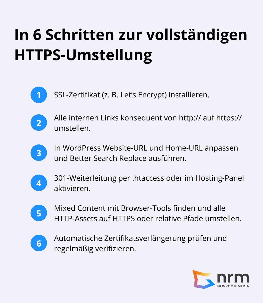 Infografik: Kompakte Schrittfolge zur HTTPS-Migration für Websites in Deutschland