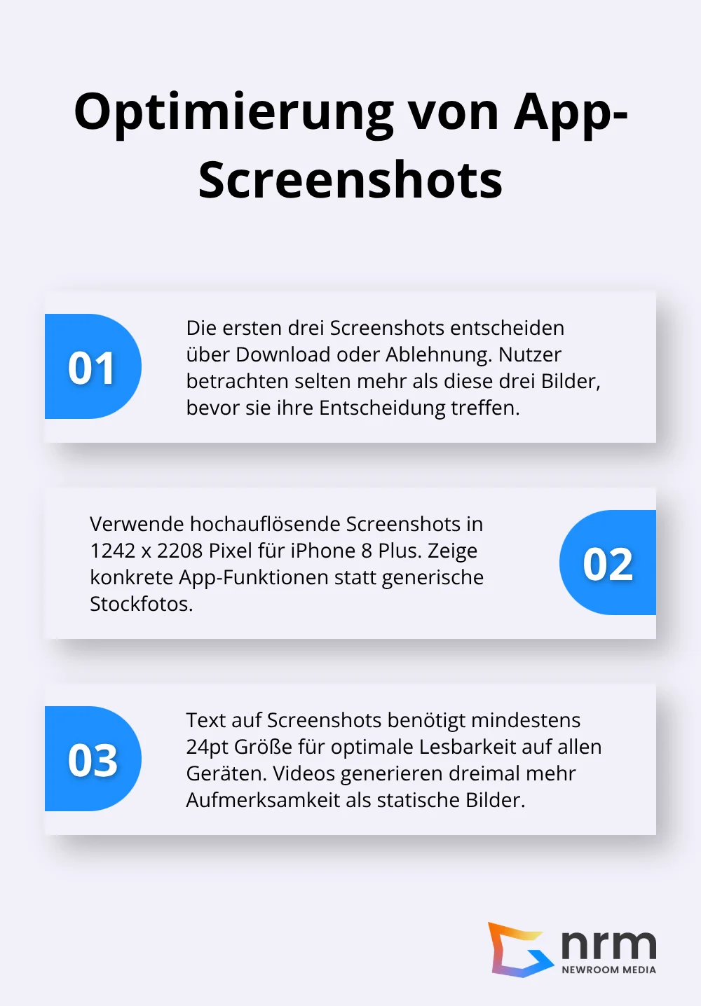 Infografik zeigt drei wichtige Punkte zur Optimierung von App-Screenshots im App Store - ios app entwicklung