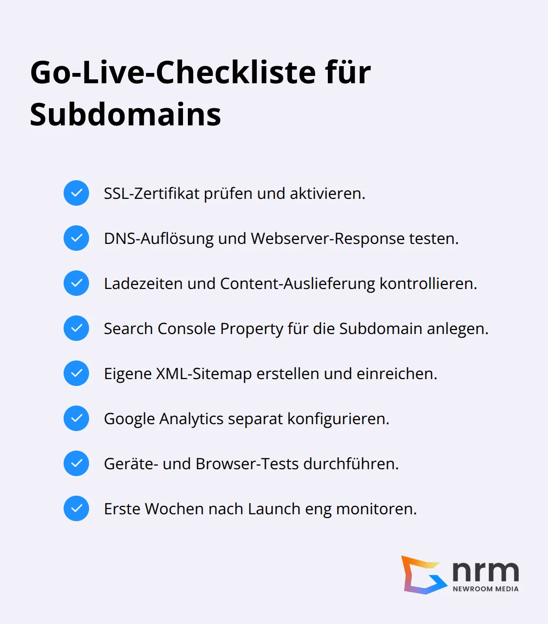 Kompakte Checkliste für Tests und Set-up vor dem Subdomain-Launch