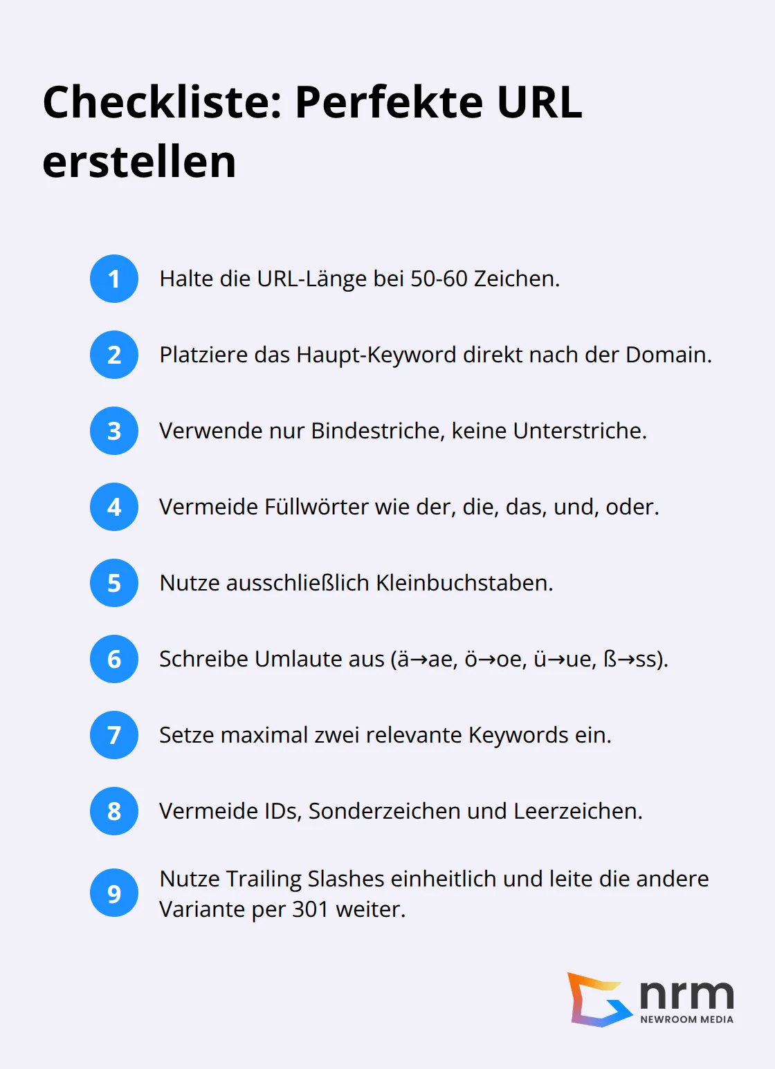 Geordnete Checkliste mit Regeln für optimale SEO-URLs