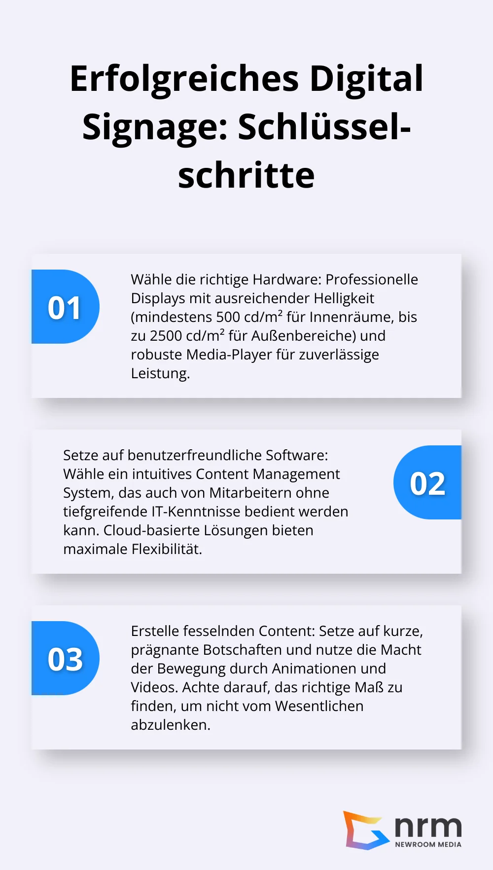 Geordnete Liste zeigt drei Schlüsselschritte für erfolgreiches Digital Signage: Hardware-Auswahl, benutzerfreundliche Software und fesselnder Content - Was ist Digital Signage