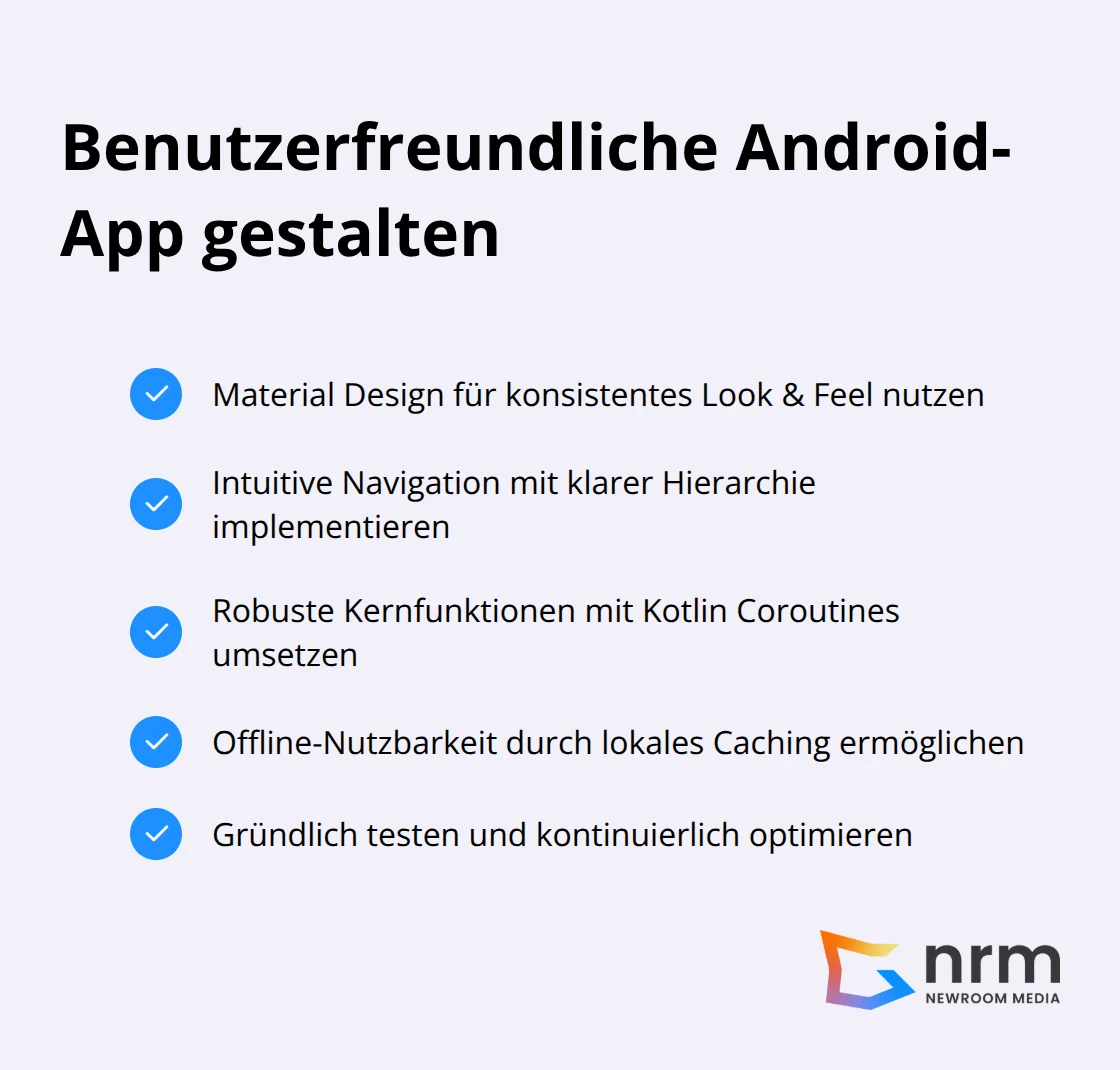 Eine Checkliste mit fünf Punkten zur Gestaltung einer benutzerfreundlichen Android-App: Material Design, intuitive Navigation, robuste Funktionen, Offline-Nutzbarkeit und gründliches Testen.