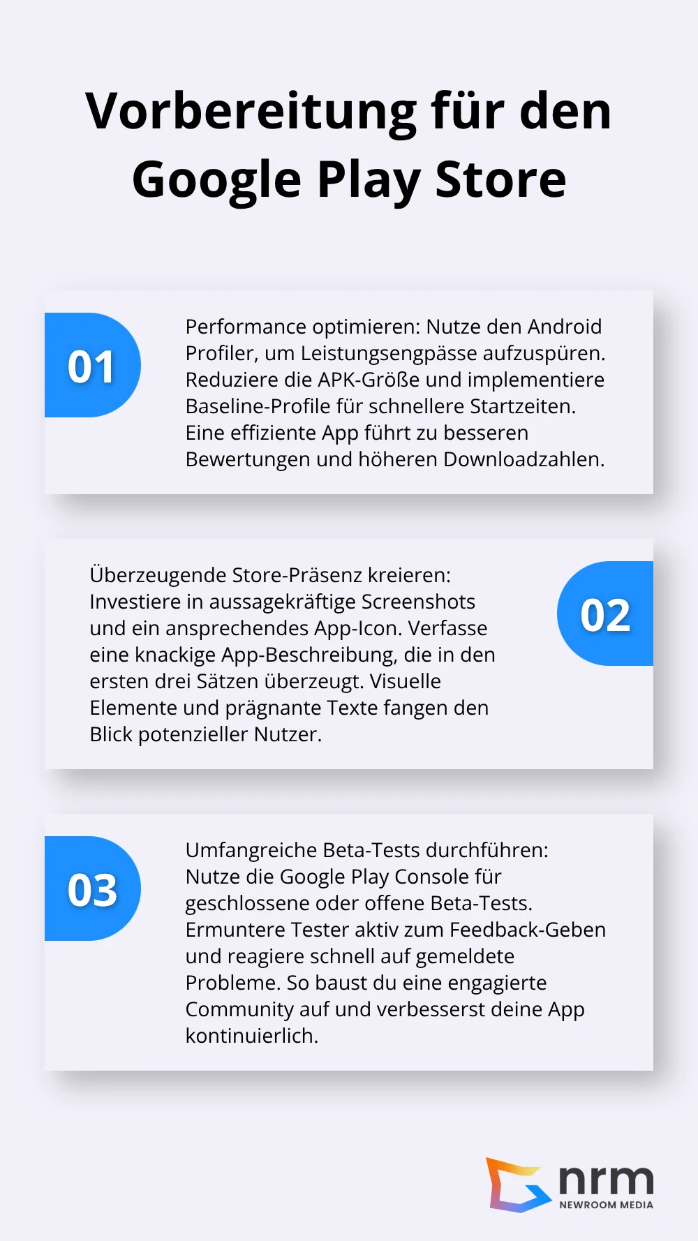Eine geordnete Liste mit drei Schritten zur Vorbereitung einer Android-App für den Google Play Store: Performance-Optimierung, überzeugende Store-Präsenz und umfangreiche Beta-Tests. - web-app entwicklung